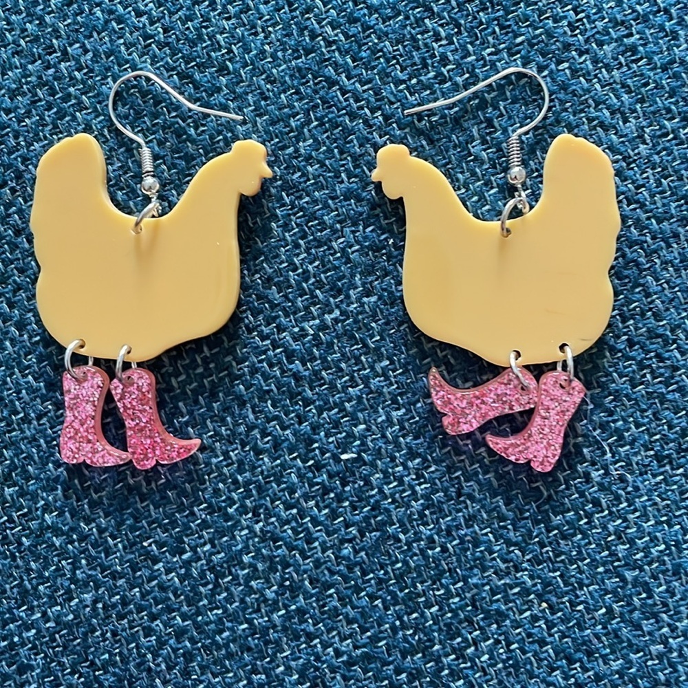 Quirky Chicken Earrings with Pink Glitter Boots - Picture 2 of 4